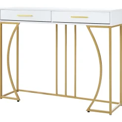 Table console blanche et structure couleur dorée avec 2 tiroirs