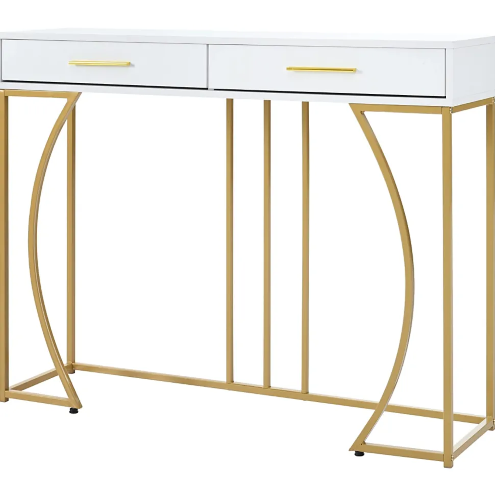 Table console blanche et structure couleur dorée avec 2 tiroirs