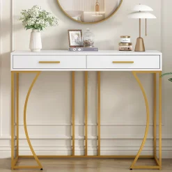 Table console blanche et structure couleur dorée avec 2 tiroirs