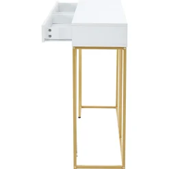 Table console blanche et structure couleur dorée avec 2 tiroirs