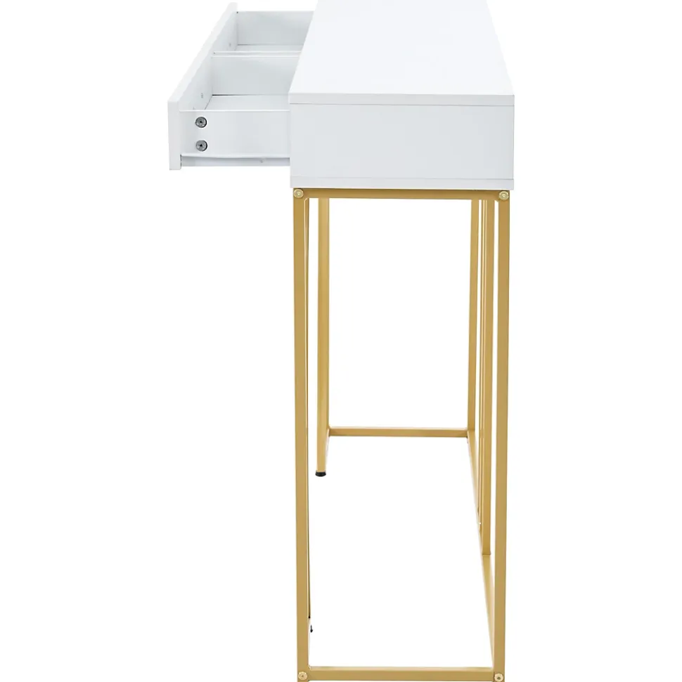 Table console blanche et structure couleur dorée avec 2 tiroirs