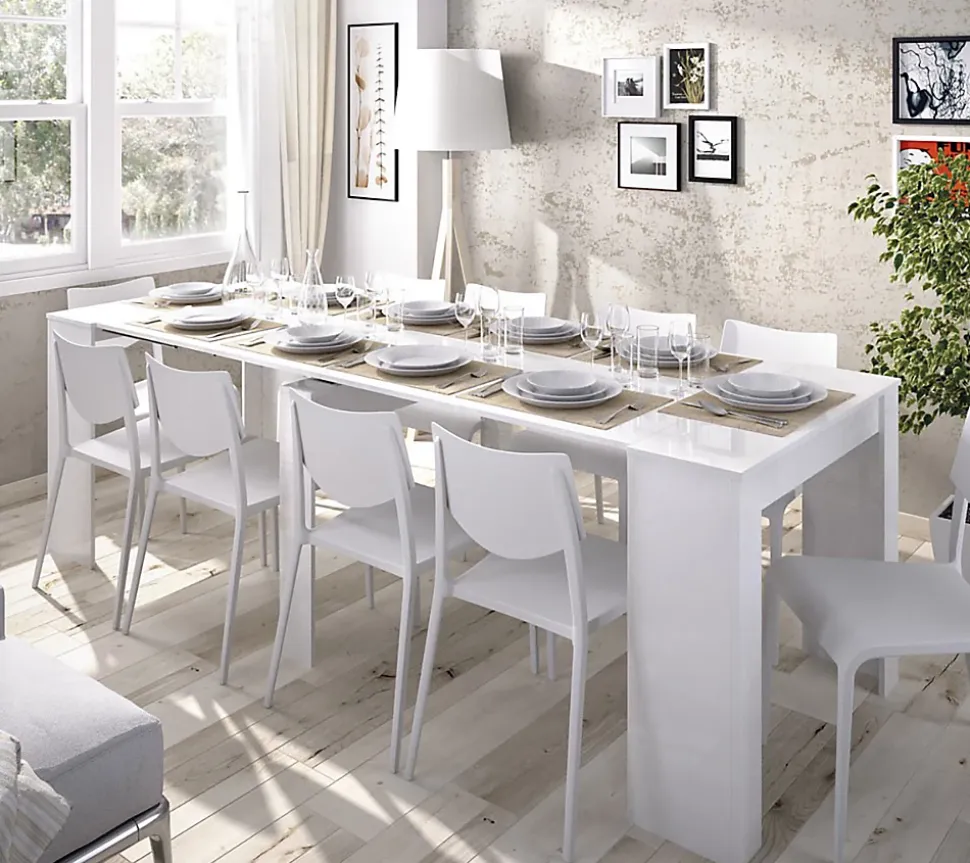 Table console extensible en chêne blanc brillant - Longueur 54-239 x Hauteur 77 x Profondeur 90 cm