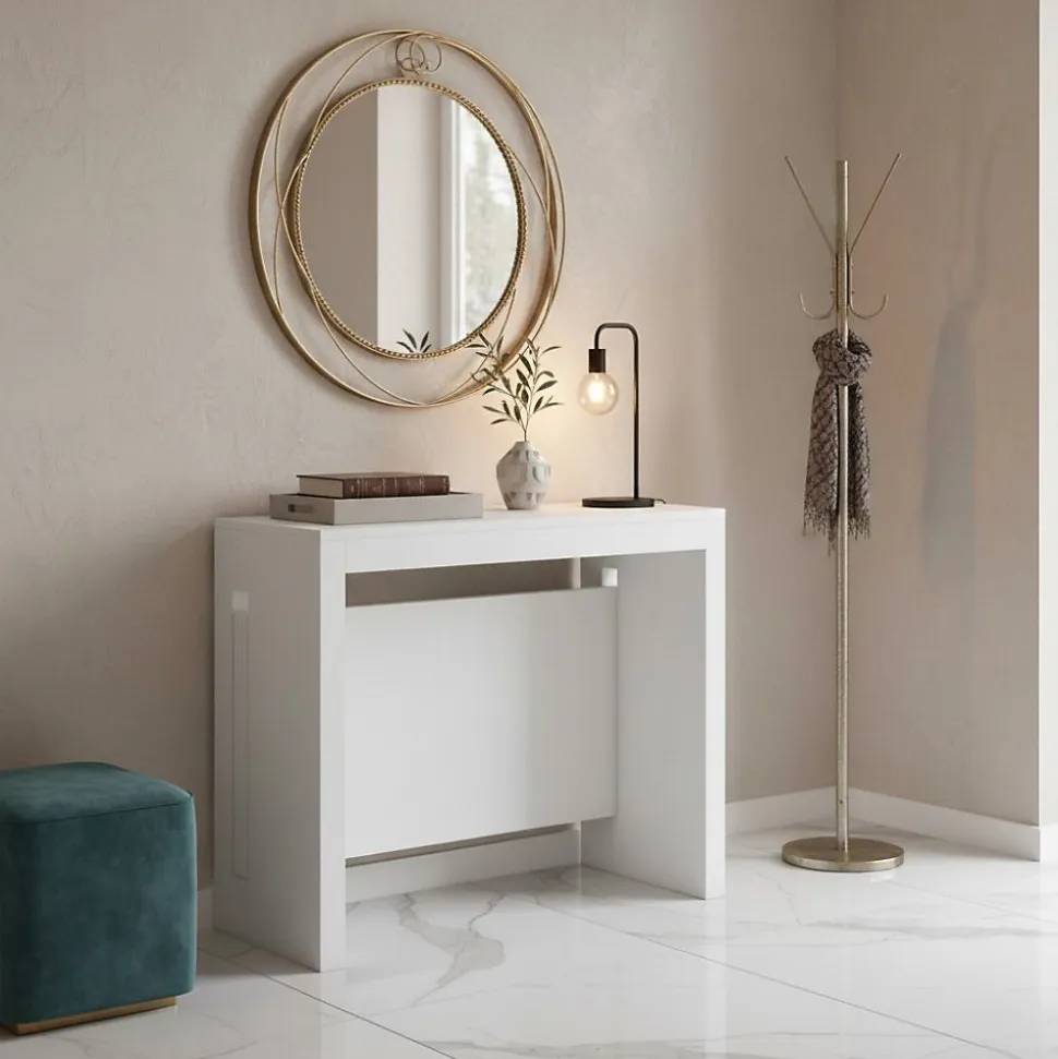 Table console extensible 8 couverts TOPAZ 90 cm blanc avec allonges intégrées TERRANEO