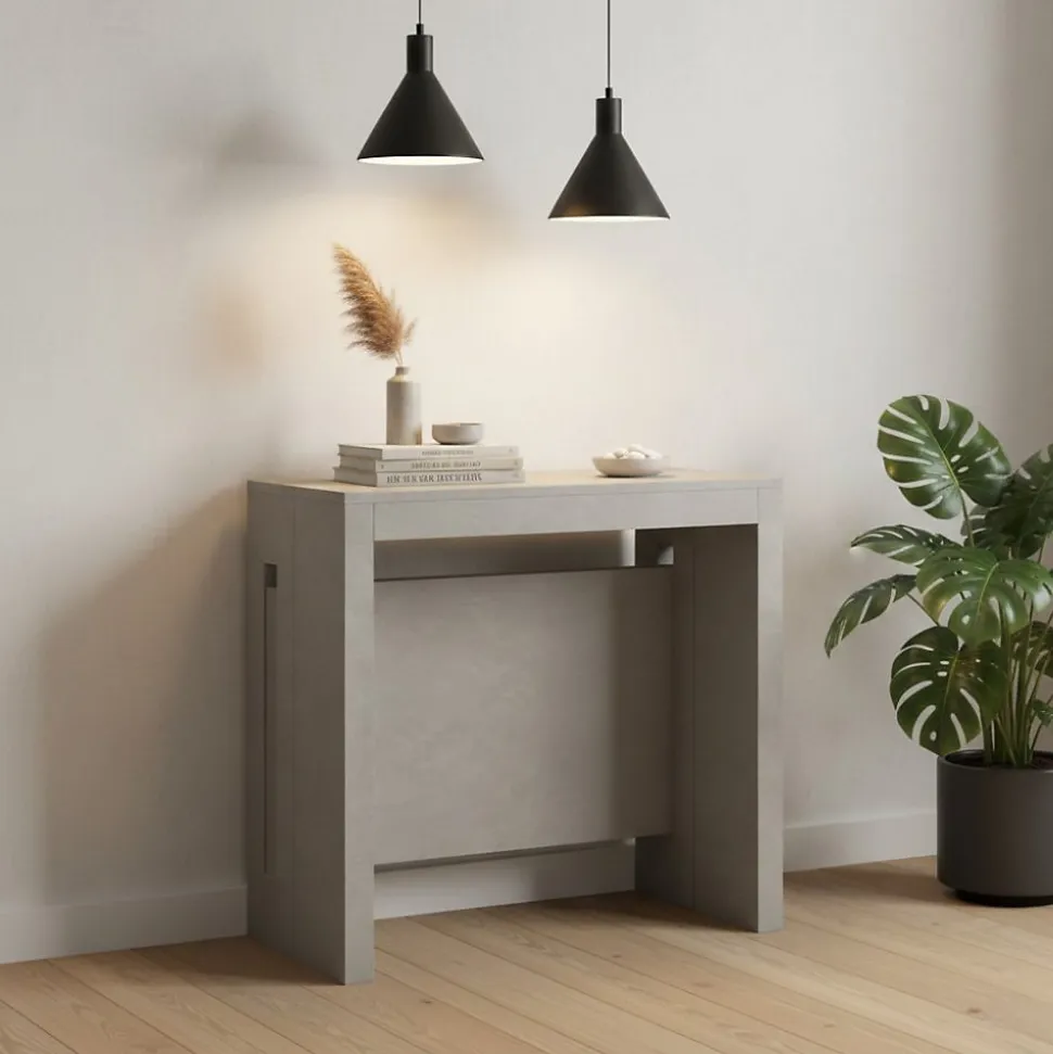 Table console extensible 8 couverts GRANDEZZA effet béton 80 cm avec allonges intégrées TERRANEO