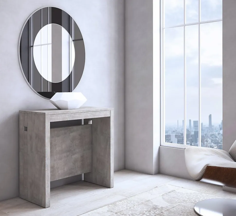 Table console extensible 8 couverts GRANDEZZA effet béton 80 cm avec allonges intégrées TERRANEO