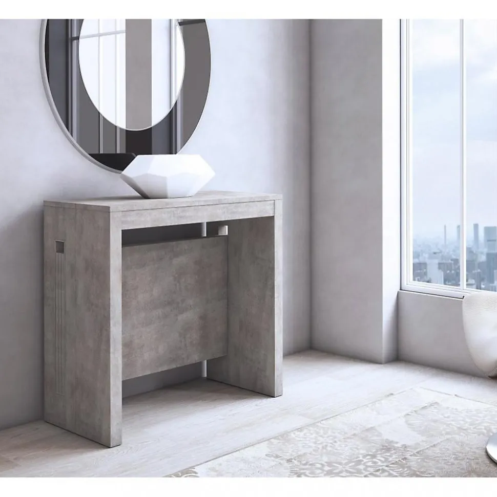 Table console extensible 8 couverts GRANDEZZA effet béton 80 cm avec allonges intégrées TERRANEO