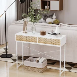 Table console industriel 2 tiroirs aspect bois de chêne sculpté motif à chevrons piètement métal blanc