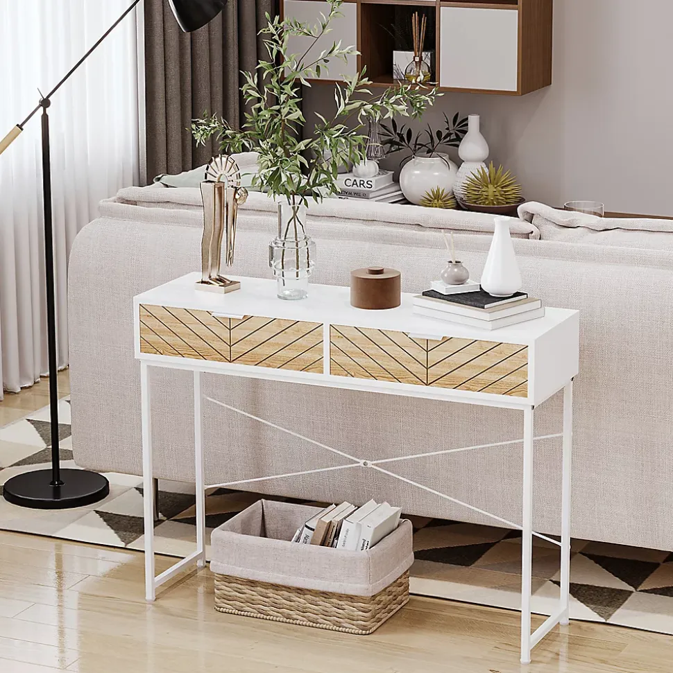 Table console industriel 2 tiroirs aspect bois de chêne sculpté motif à chevrons piètement métal blanc
