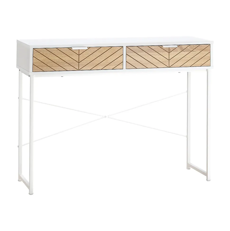 Table console industriel 2 tiroirs aspect bois de chêne sculpté motif à chevrons piètement métal blanc