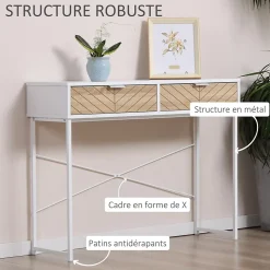 Table console industriel 2 tiroirs aspect bois de chêne sculpté motif à chevrons piètement métal blanc