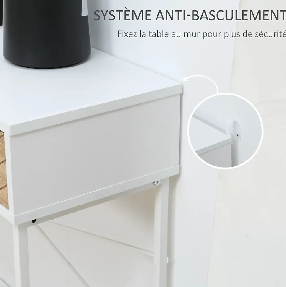 Table console industriel 2 tiroirs aspect bois de chêne sculpté motif à chevrons piètement métal blanc