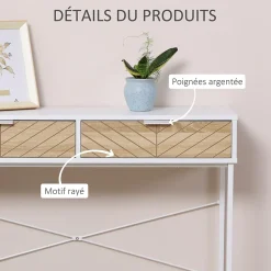 Table console industriel 2 tiroirs aspect bois de chêne sculpté motif à chevrons piètement métal blanc
