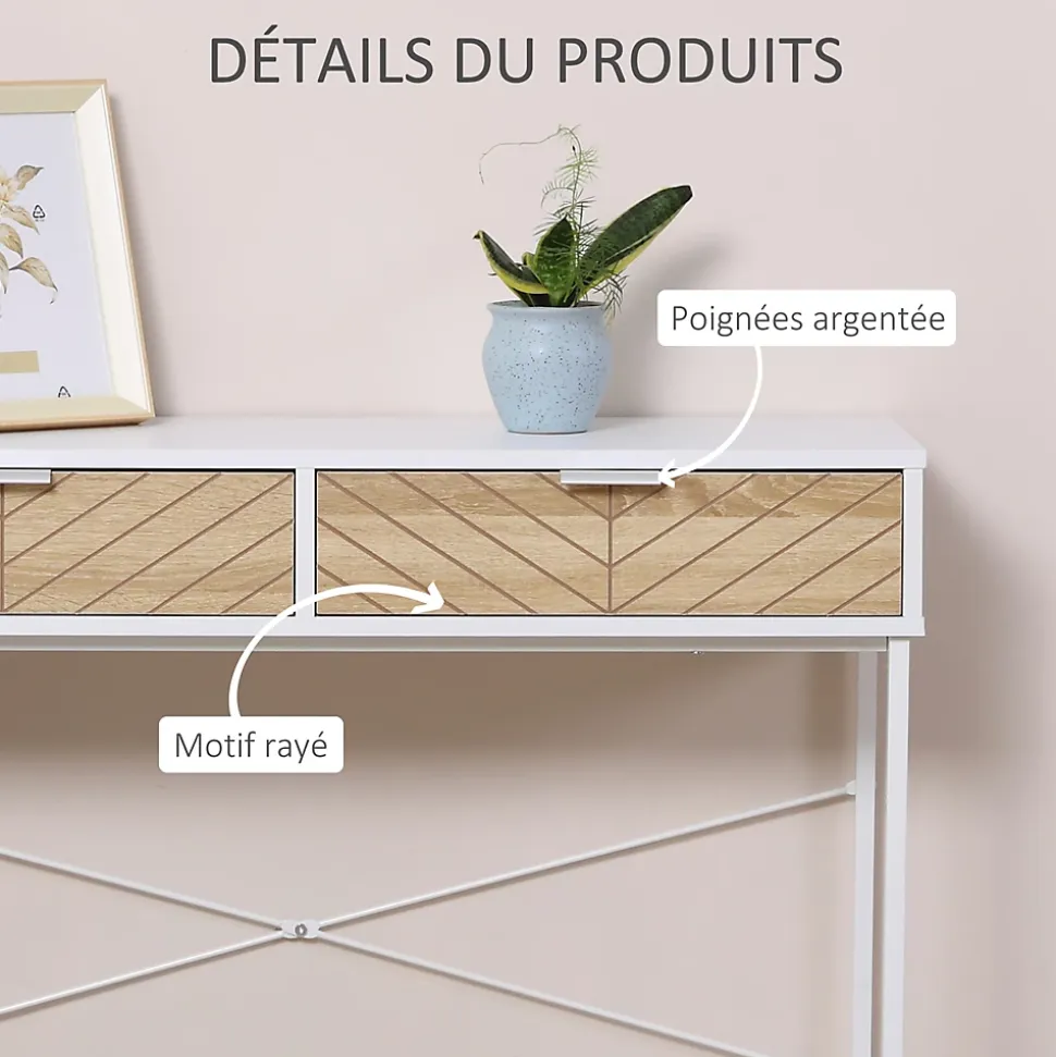Table console industriel 2 tiroirs aspect bois de chêne sculpté motif à chevrons piètement métal blanc
