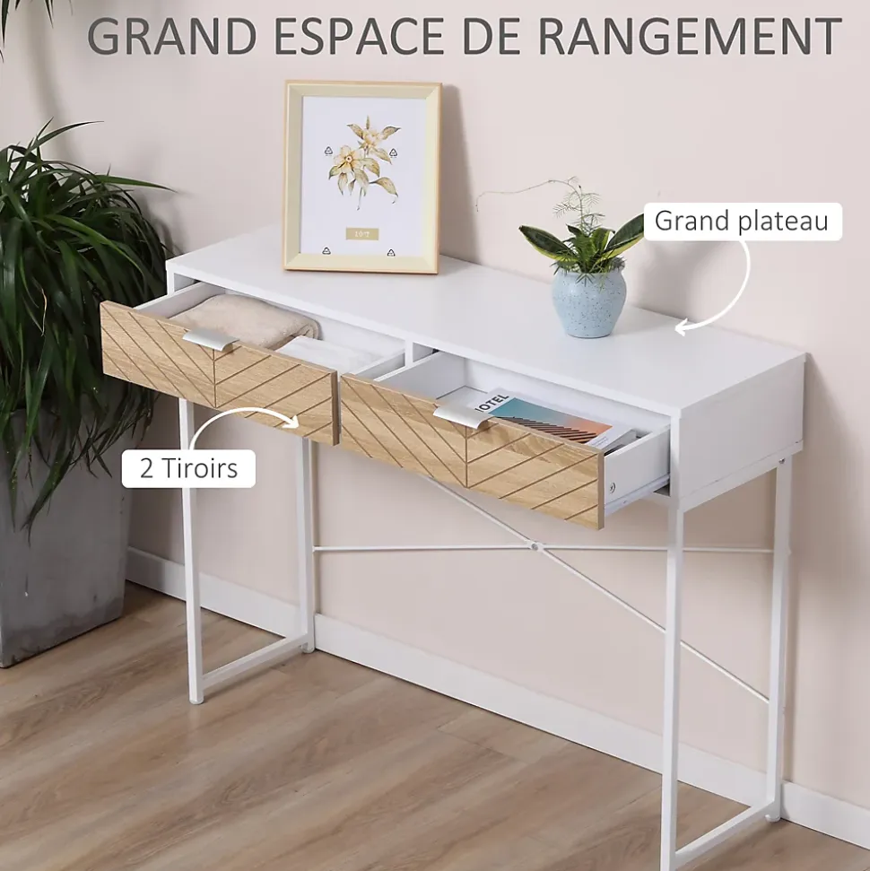 Table console industriel 2 tiroirs aspect bois de chêne sculpté motif à chevrons piètement métal blanc