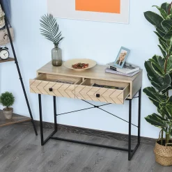Table console industriel 2 tiroirs bois naturel pieds métal dim. 90 x 35 x 76 cm