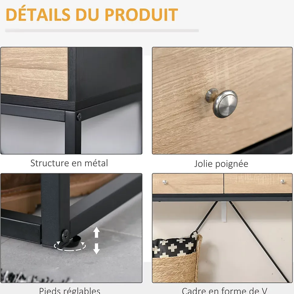 Table console moderne 2 tiroirs métal et panneau de particules dim. 120 x 35 x 75 cm