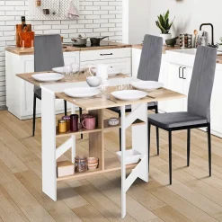 Table console pliable EDI 2-6 personnes avec rangements bois blanc plateau façon hêtre 150 x 80 cm