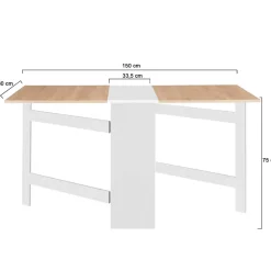 Table console pliable EDI 2-6 personnes avec rangements bois blanc plateau façon hêtre 150 x 80 cm