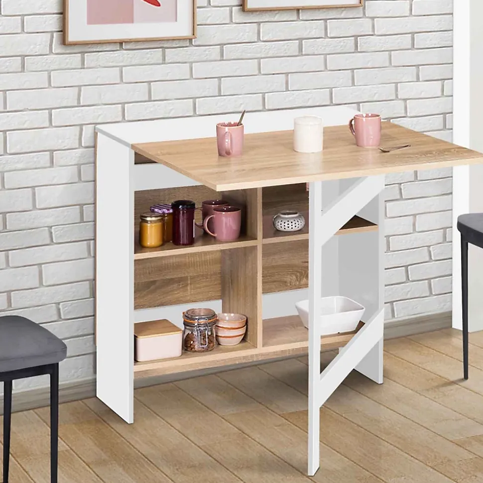 Table console pliable EDI 2-6 personnes avec rangements bois blanc plateau façon hêtre 150 x 80 cm