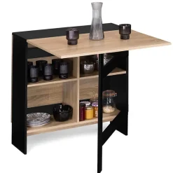 Table console pliable EDI 2-6 personnes avec rangements bois noir plateau façon hêtre 150 x 80 cm