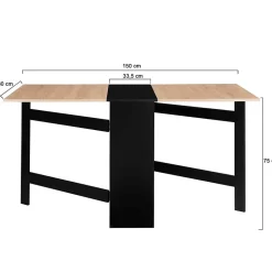 Table console pliable EDI 2-6 personnes avec rangements bois noir plateau façon hêtre 150 x 80 cm
