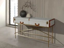 Table console rectangulaire, tissu, noyer et acier poli doré