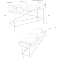Table console rectangulaire, tissu, noyer et acier poli doré