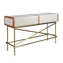 Table console rectangulaire, tissu, noyer et acier poli doré
