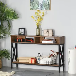 Table Console Table d'Entrée Industriel Multi-rangements 120 x 23,5 x 75 cm Bois Noyer