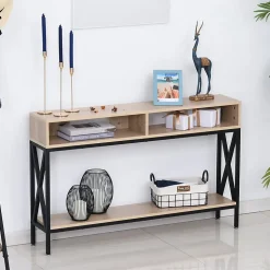 Table Console Table d'Entrée Industriel Multi-rangements 120 x 23,5 x 75 cm Bois Chêne