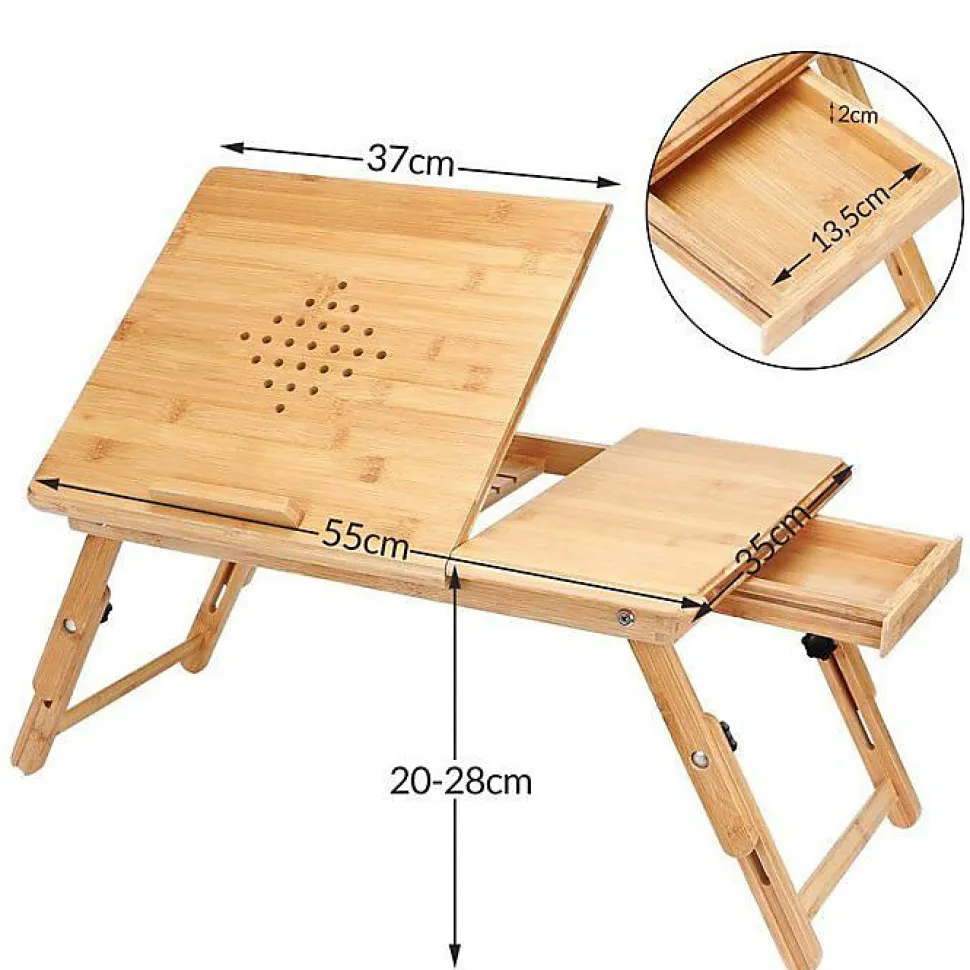 Table d Ordinateur Pliable Bambou - Pieds Réglables en Hauteur - Meuble Inclinable