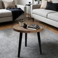 Table d'appoint ronde en métal noir et plateau effet bois Ø39 x H.38 cm, Mogano