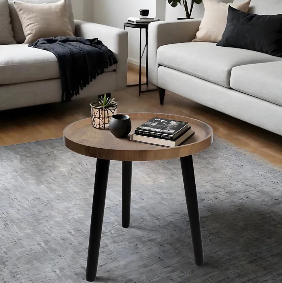 Table d'appoint ronde en métal noir et plateau effet bois Ø39 x H.38 cm, Mogano