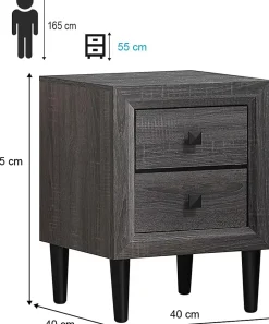 Table d'Appoint, Table de Chevet avec 2 Tiroirs, en Bois, Table Basse avec Pieds en Caoutchouc, Entièrement Montée (2 x Gris)