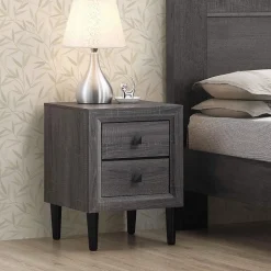 Table d'Appoint, Table de Chevet avec 2 Tiroirs, en Bois, Table Basse avec Pieds en Caoutchouc, Entièrement Montée (2 x Gris)