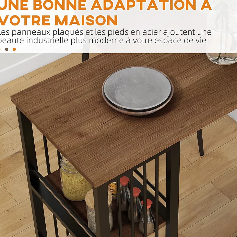 Table de bar 3 étagères style industriel acier noir aspect panneaux aspect bois