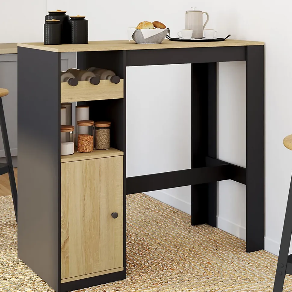 Table de bar AMERI avec placard et range bouteilles 2 personnes bois et noir