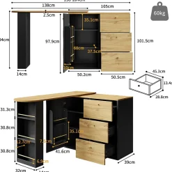 Table de Bar Extensible - Buffet Pivotant avec Tiroirs et Étagères, MDF - Noir, 138-204x39x104 cm