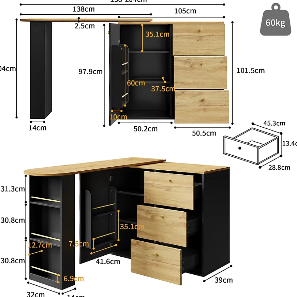 Table de Bar Extensible - Buffet Pivotant avec Tiroirs et Étagères, MDF - Noir, 138-204x39x104 cm