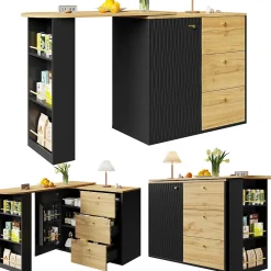 Table de Bar Extensible - Buffet Pivotant avec Tiroirs et Étagères, MDF - Noir, 138-204x39x104 cm