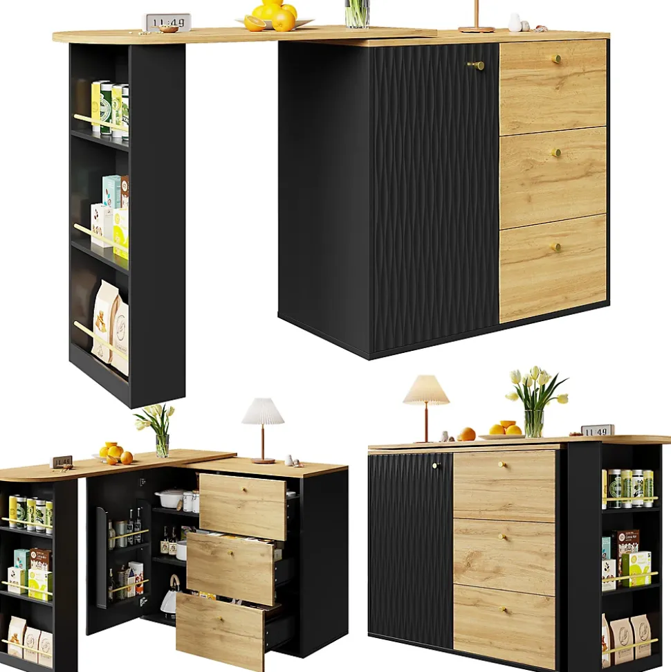 Table de Bar Extensible - Buffet Pivotant avec Tiroirs et Étagères, MDF - Noir, 138-204x39x104 cm