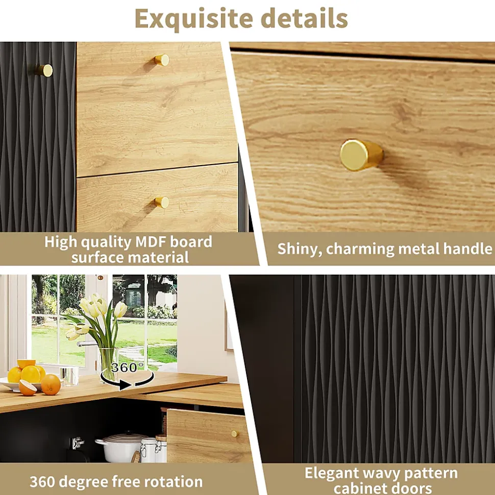 Table de Bar Extensible - Buffet Pivotant avec Tiroirs et Étagères, MDF - Noir, 138-204x39x104 cm