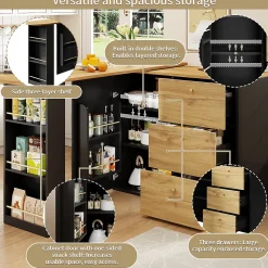 Table de Bar Extensible - Buffet Pivotant avec Tiroirs et Étagères, MDF - Noir, 138-204x39x104 cm