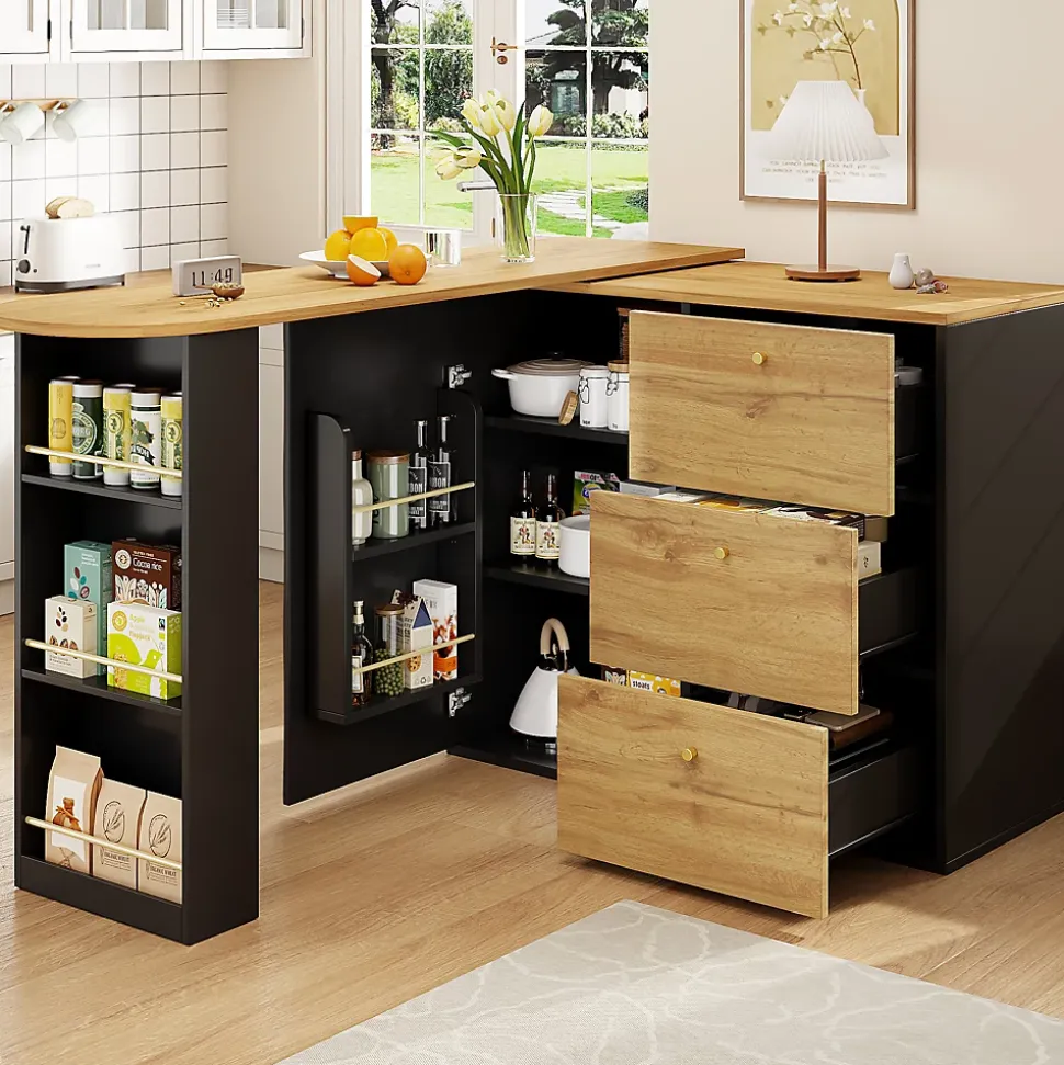 Table de Bar Extensible - Buffet Pivotant avec Tiroirs et Étagères, MDF - Noir, 138-204x39x104 cm