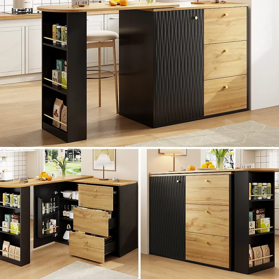 Table de Bar Extensible - Buffet Pivotant avec Tiroirs et Étagères, MDF - Noir, 138-204x39x104 cm