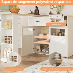 Table de Bar Extensible - Buffet Pivotant à Rotation Complète avec Étagères et Tiroirs, MDF - Blanc, 138-204x39x104 cm