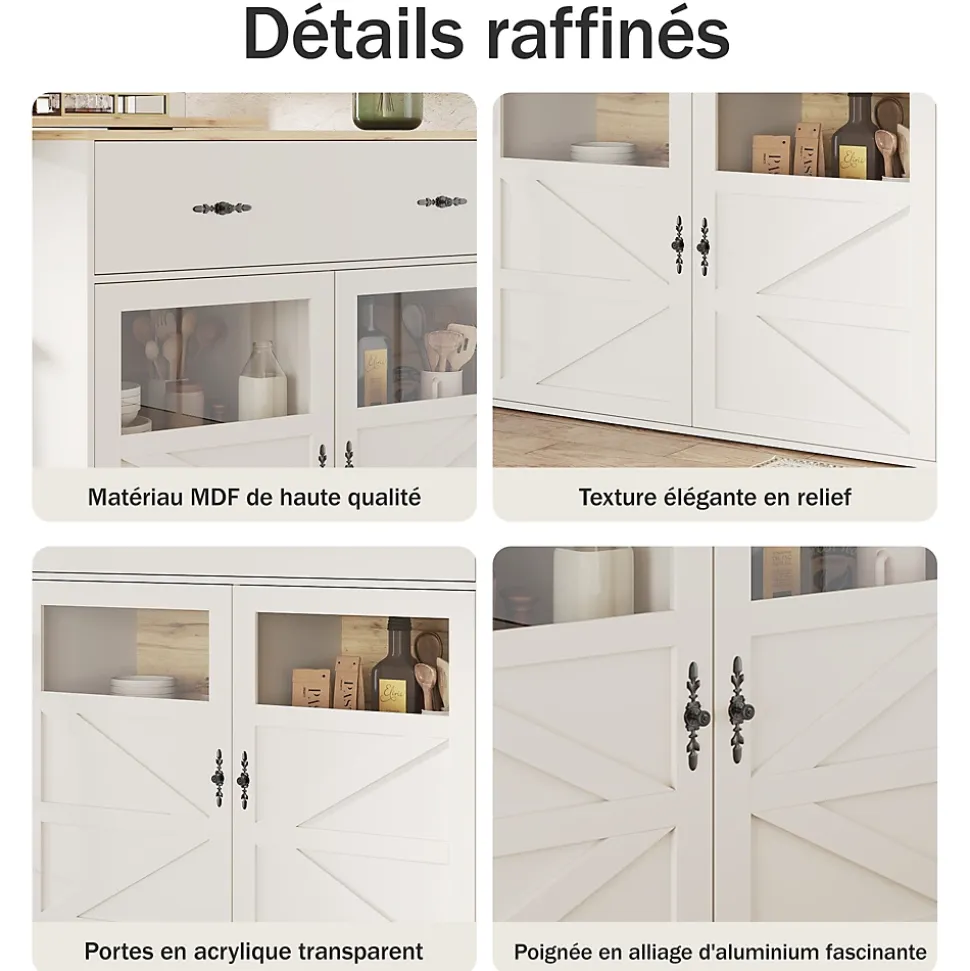 Table de Bar Extensible - Buffet Pivotant à Rotation Complète avec Étagères et Tiroirs, MDF - Blanc, 138-204x39x104 cm