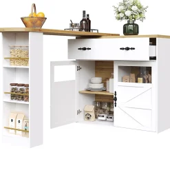 Table de Bar Extensible - Buffet Pivotant à Rotation Complète avec Étagères et Tiroirs, MDF - Blanc, 138-204x39x104 cm