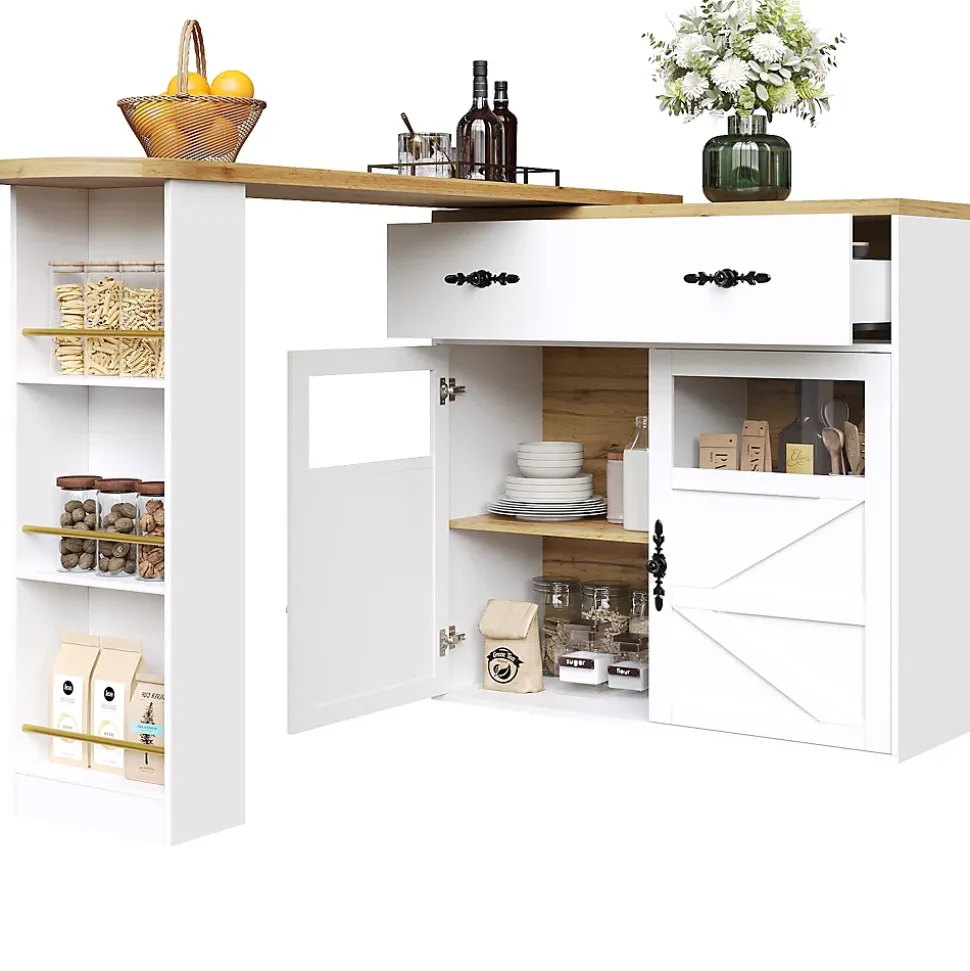 Table de Bar Extensible - Buffet Pivotant à Rotation Complète avec Étagères et Tiroirs, MDF - Blanc, 138-204x39x104 cm