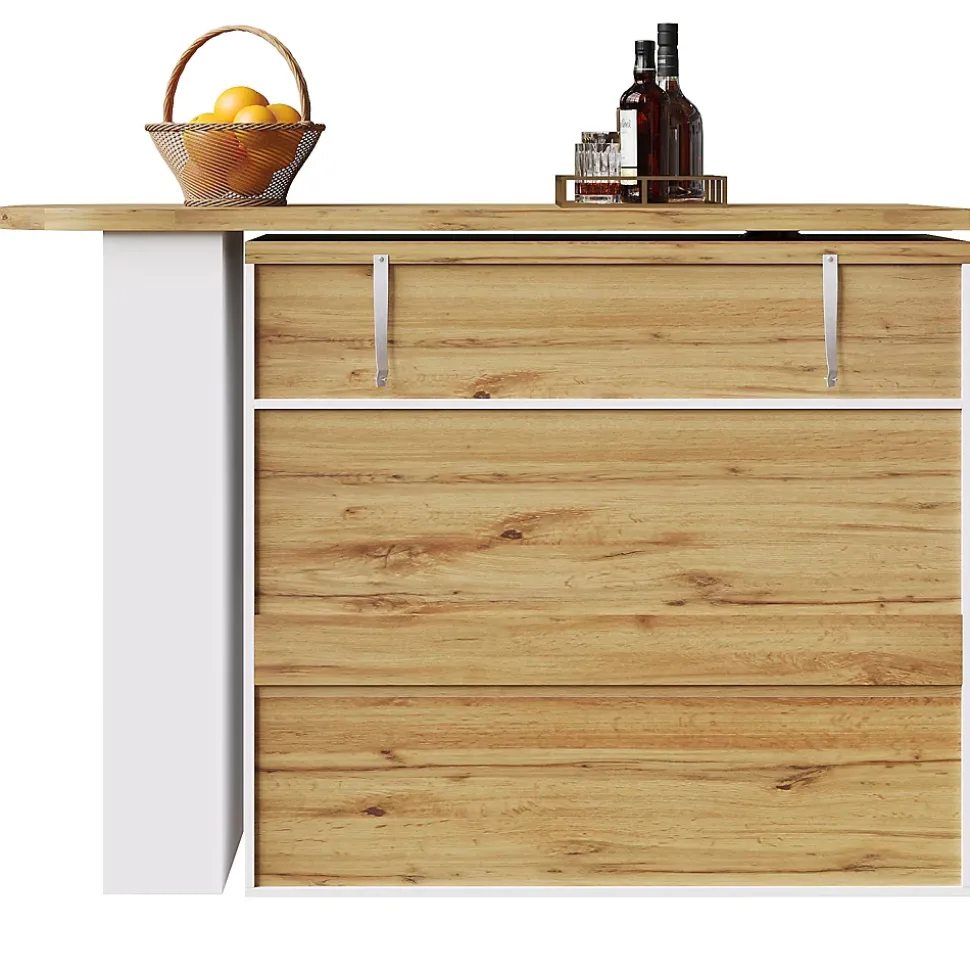 Table de Bar Extensible - Buffet Pivotant à Rotation Complète avec Étagères et Tiroirs, MDF - Blanc, 138-204x39x104 cm